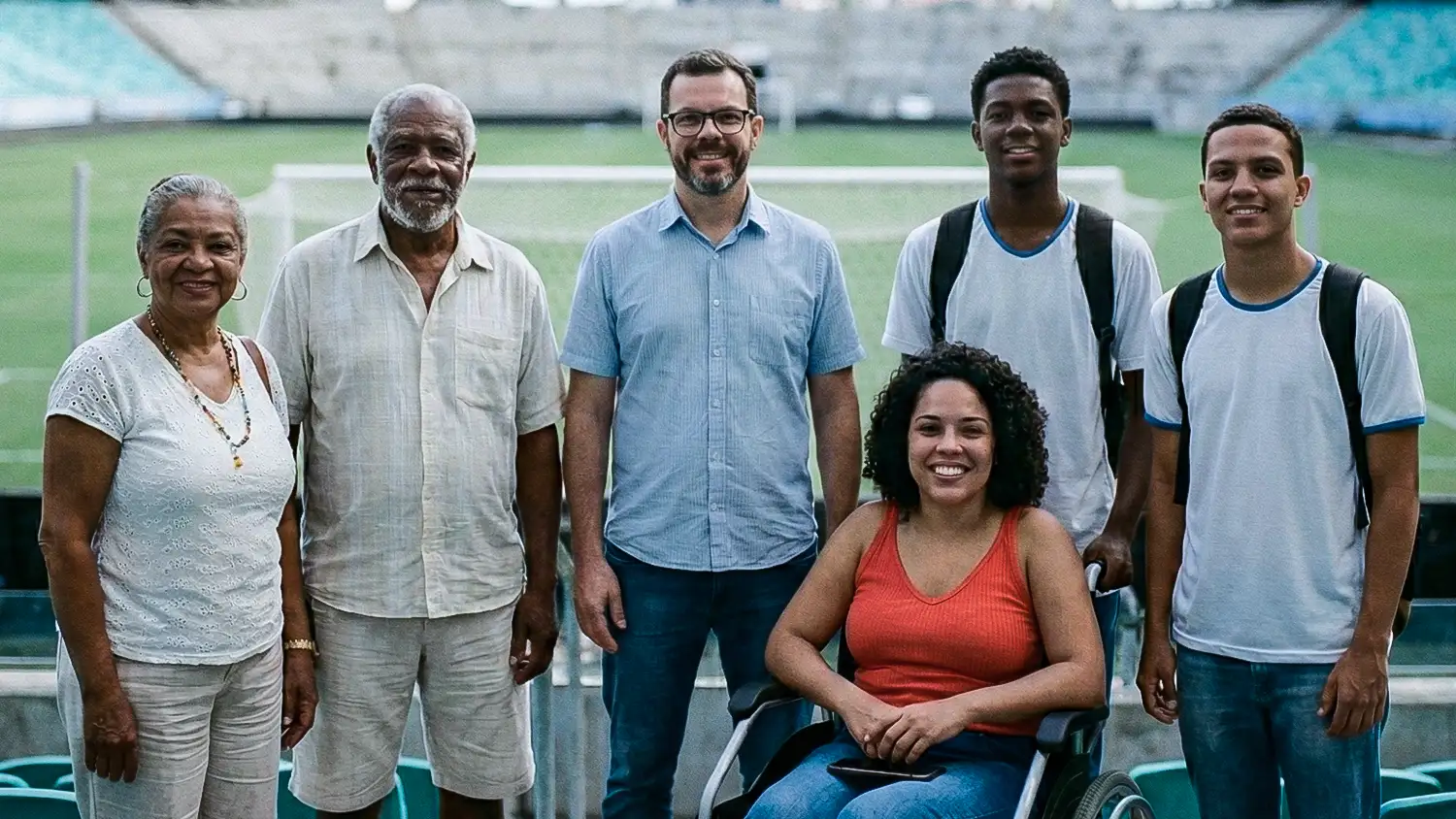Grupo de seis pessoas, composto por um casal de idosos negros, um homem branco de óculos, uma mulher jovem negra em cadeira de rodas e dois jovens negros com mochilas, sorrindo e posando para uma foto na arquibancada superior de um estádio de futebol vazio, com o gramado verde e arquibancadas azuis ao fundo.